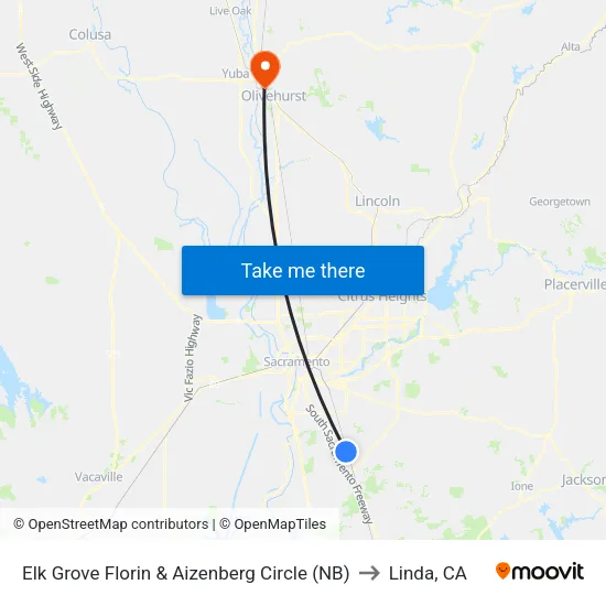 Elk Grove Florin & Aizenberg Circle (NB) to Linda, CA map