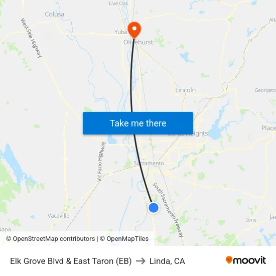 Elk Grove Blvd & East Taron (EB) to Linda, CA map