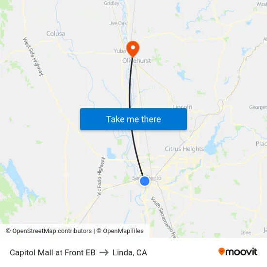 Capitol Mall at Front EB to Linda, CA map