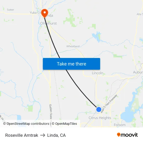 Roseville Amtrak to Linda, CA map