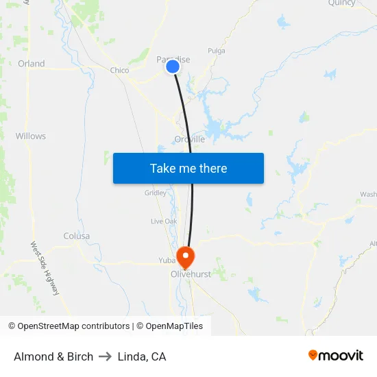 Almond & Birch to Linda, CA map