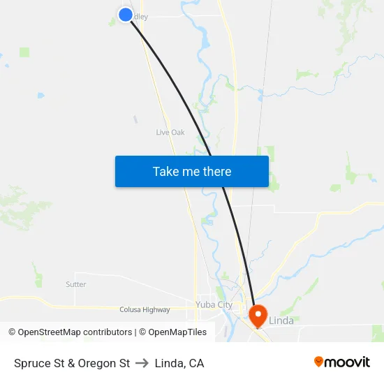 Spruce St & Oregon St to Linda, CA map