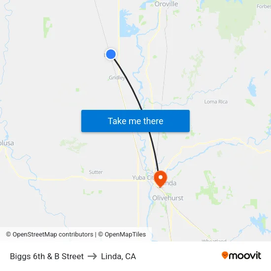 Biggs 6th & B Street to Linda, CA map