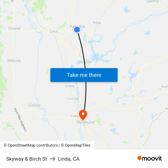 Skyway & Birch St to Linda, CA map