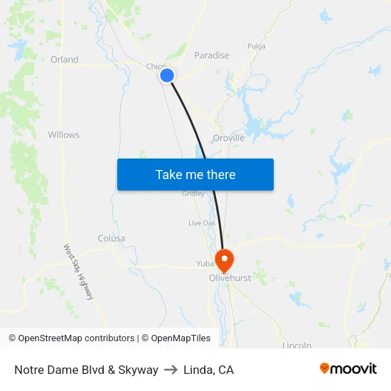 Notre Dame Blvd & Skyway to Linda, CA map