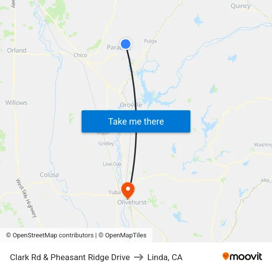 Clark Rd & Pheasant Ridge Drive to Linda, CA map