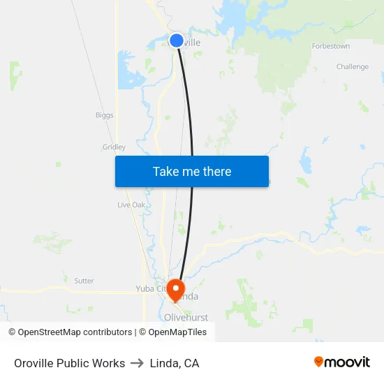 Oroville Public Works to Linda, CA map