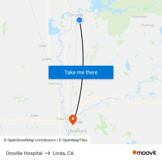 Oroville Hospital to Linda, CA map