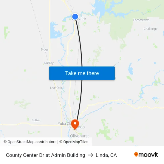 County Center Dr at Admin Building to Linda, CA map