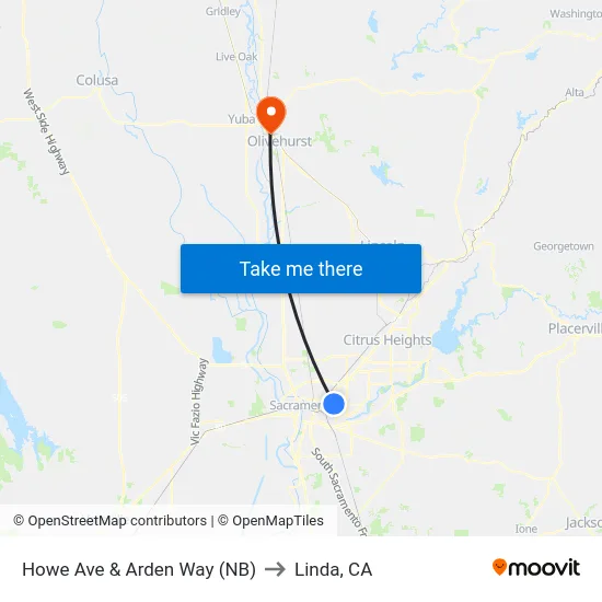 Howe Ave & Arden Way (NB) to Linda, CA map