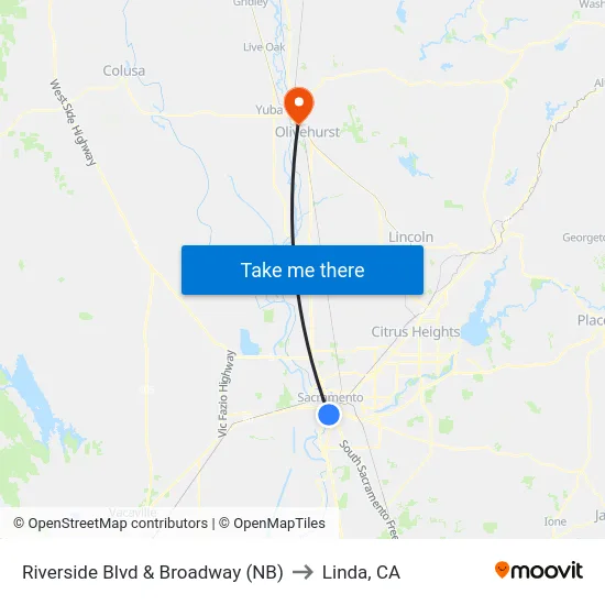 Riverside Blvd & Broadway (NB) to Linda, CA map