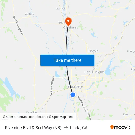 Riverside Blvd & Surf Way (NB) to Linda, CA map