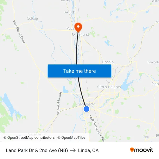 Land Park Dr & 2nd Ave (NB) to Linda, CA map