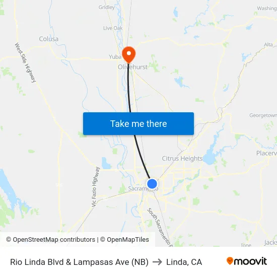 Rio Linda Blvd & Lampasas Ave (NB) to Linda, CA map