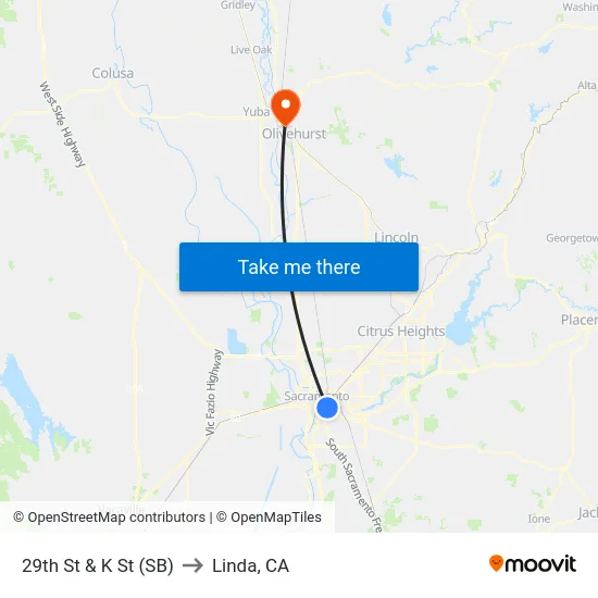 29th St & K St (SB) to Linda, CA map