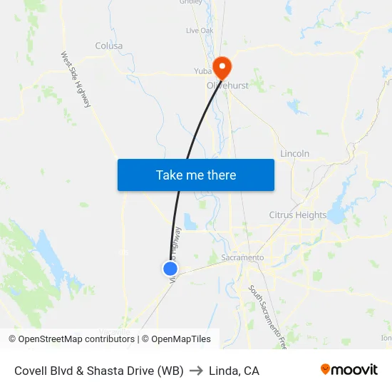 Covell Blvd & Shasta Drive (WB) to Linda, CA map