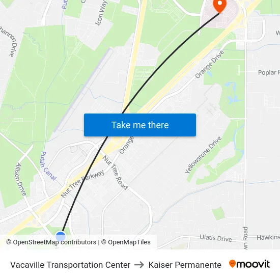 Vacaville Transportation Center to Kaiser Permanente map