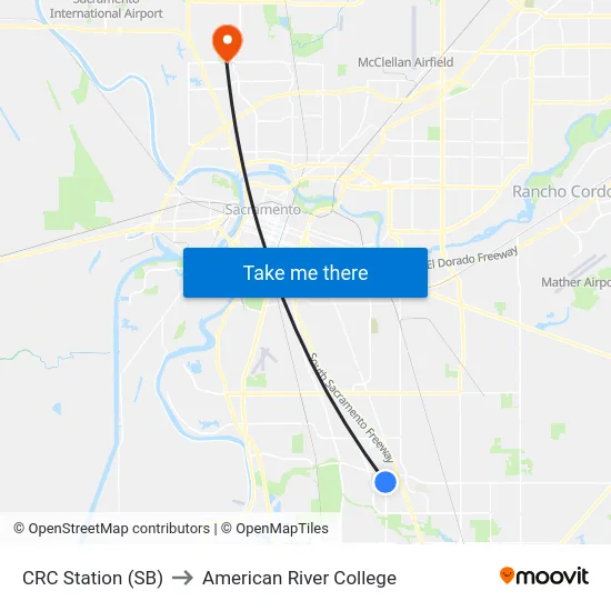 CRC Station (SB) to American River College map