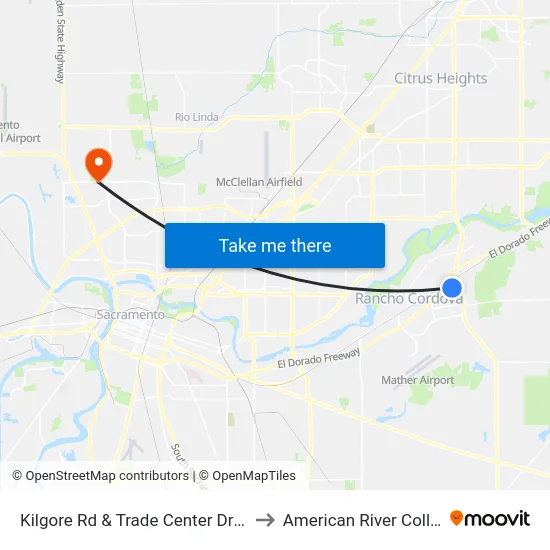 Kilgore Rd & Trade Center Dr (SB) to American River College map