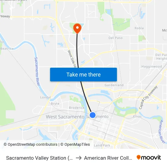 Sacramento Valley Station (EB) to American River College map