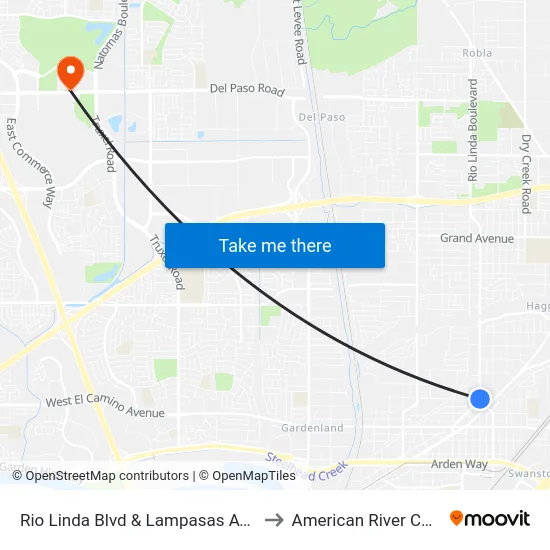 Rio Linda Blvd & Lampasas Ave (NB) to American River College map