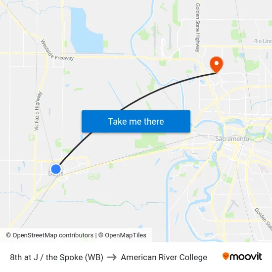 8th at J / the Spoke (WB) to American River College map
