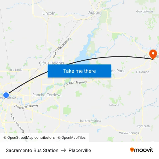 Sacramento Bus Station to Placerville map