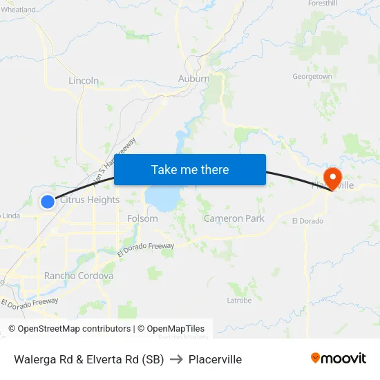 Walerga Rd & Elverta Rd (SB) to Placerville map
