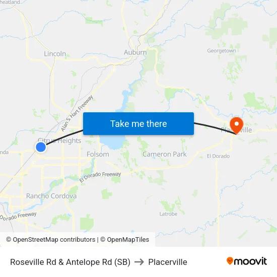 Roseville Rd & Antelope Rd (SB) to Placerville map