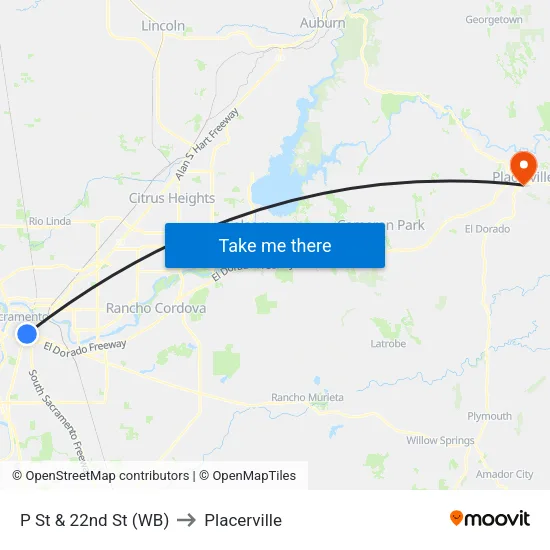 P St & 22nd St (WB) to Placerville map