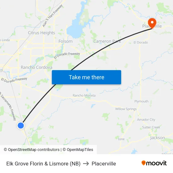 Elk Grove Florin & Lismore (NB) to Placerville map