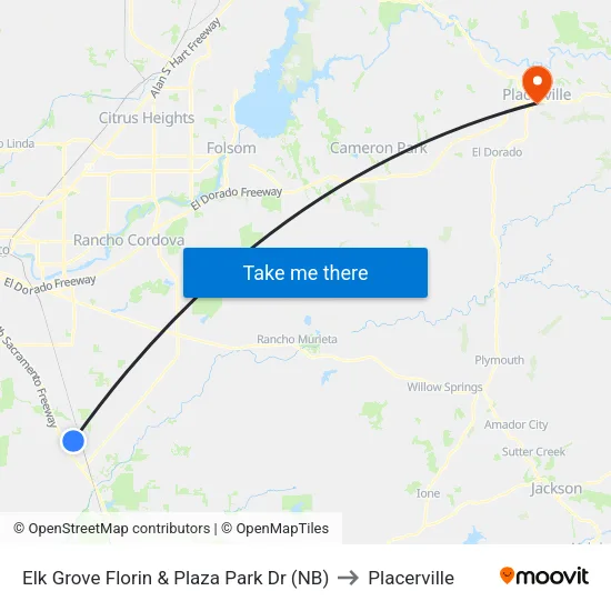 Elk Grove Florin & Plaza Park Dr (NB) to Placerville map