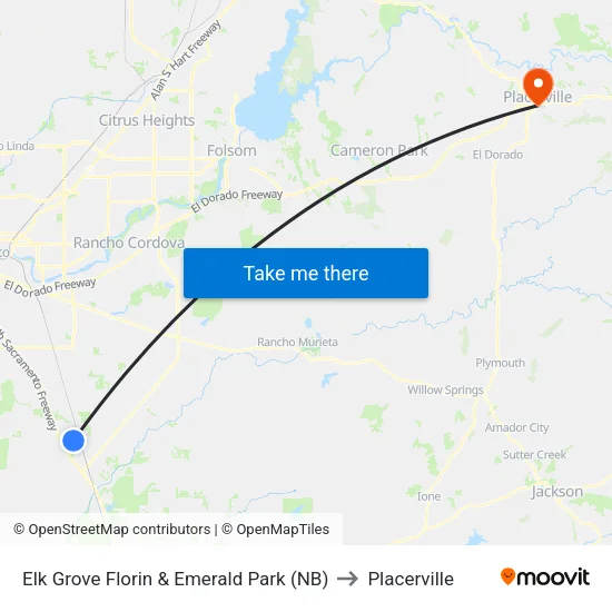 Elk Grove Florin & Emerald Park (NB) to Placerville map
