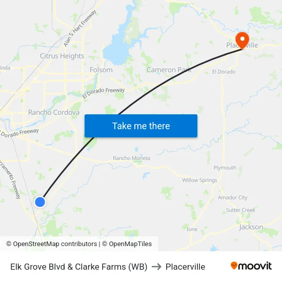 Elk Grove Blvd & Clarke Farms (WB) to Placerville map