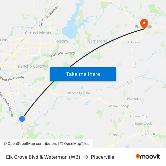 Elk Grove Blvd & Waterman (WB) to Placerville map