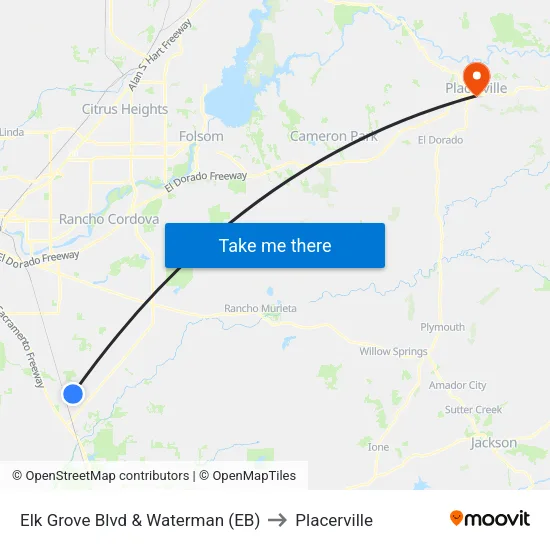 Elk Grove Blvd & Waterman (EB) to Placerville map