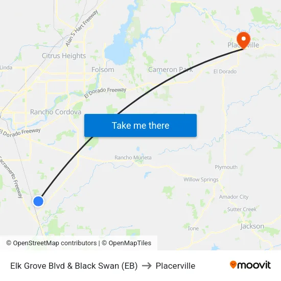 Elk Grove Blvd & Black Swan (EB) to Placerville map