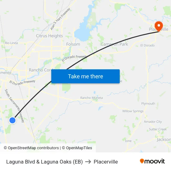 Laguna Blvd & Laguna Oaks (EB) to Placerville map