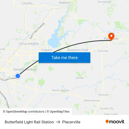 Butterfield Light Rail Station to Placerville map