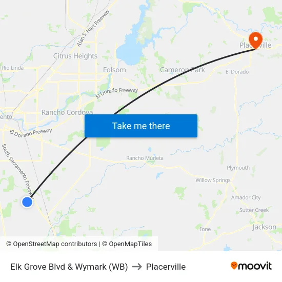 Elk Grove Blvd & Wymark (WB) to Placerville map