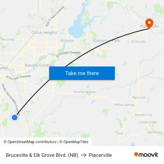 Bruceville & Elk Grove Blvd. (NB) to Placerville map