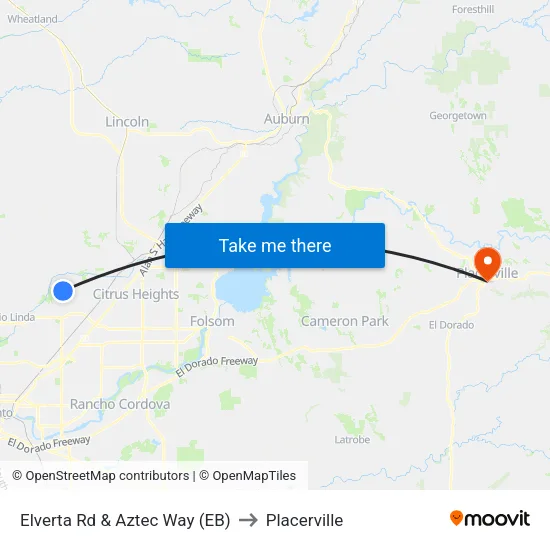 Elverta Rd & Aztec Way (EB) to Placerville map