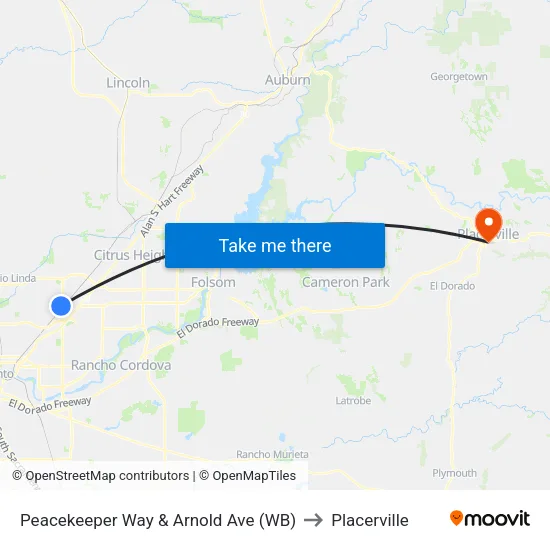 Peacekeeper Way & Arnold Ave (WB) to Placerville map