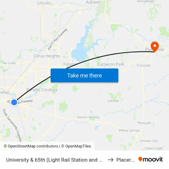 University & 65th (Light Rail Station and Hornet Line) to Placerville map
