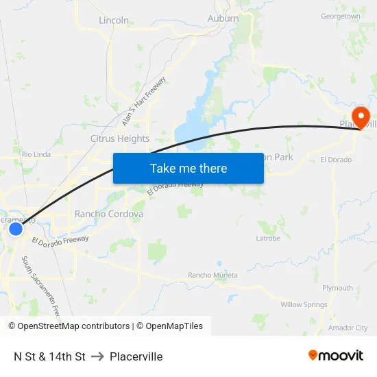 N St & 14th St to Placerville map