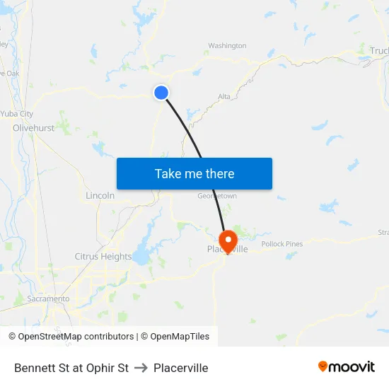 Bennett St at Ophir St to Placerville map