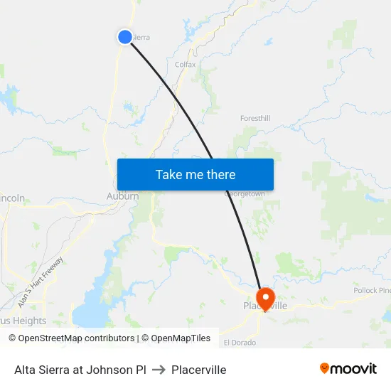 Alta Sierra at Johnson Pl to Placerville map