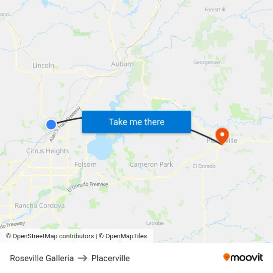 Roseville Galleria to Placerville map