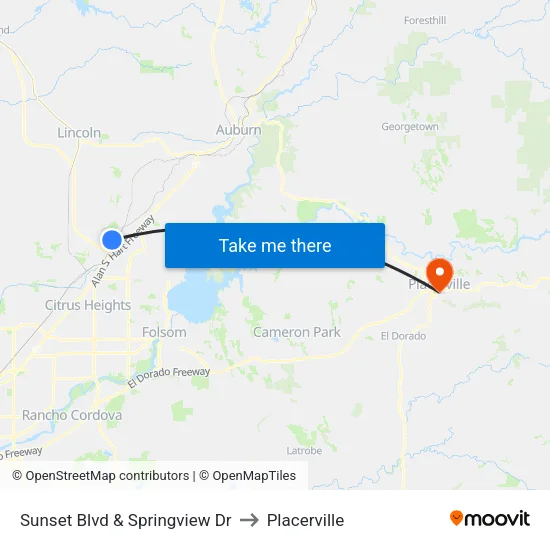 Sunset Blvd & Springview Dr to Placerville map