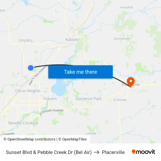 Sunset Blvd & Pebble Creek Dr (Bel Air) to Placerville map